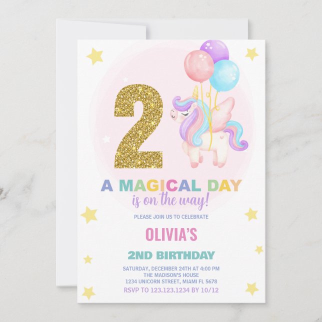 2:a födelsedagsinbjudan till Unicorn Birthday Inbjudningar (Framsida)