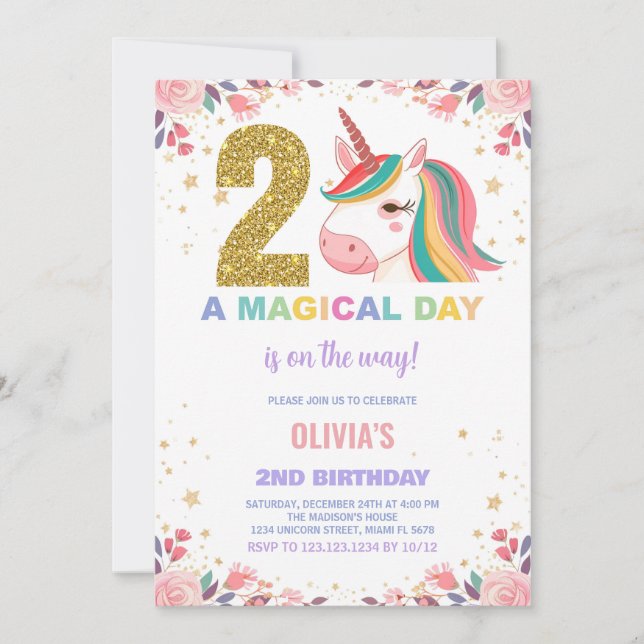 2:a födelsedagsinbjudan till Unicorn Birthday Inbjudningar (Framsida)