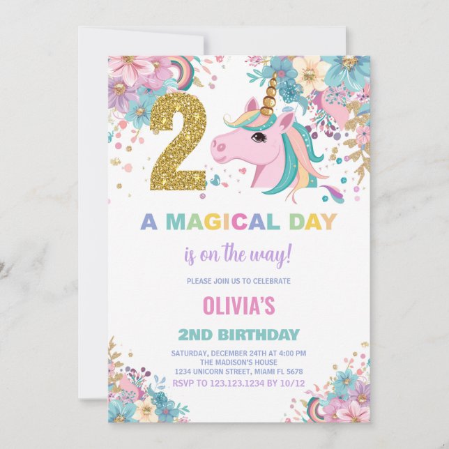 2:a födelsedagsinbjudan till Unicorn Birthday Inbjudningar (Framsida)