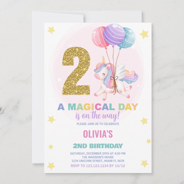 2:a födelsedagsinbjudan till Unicorn Birthday Inbjudningar (Framsida)