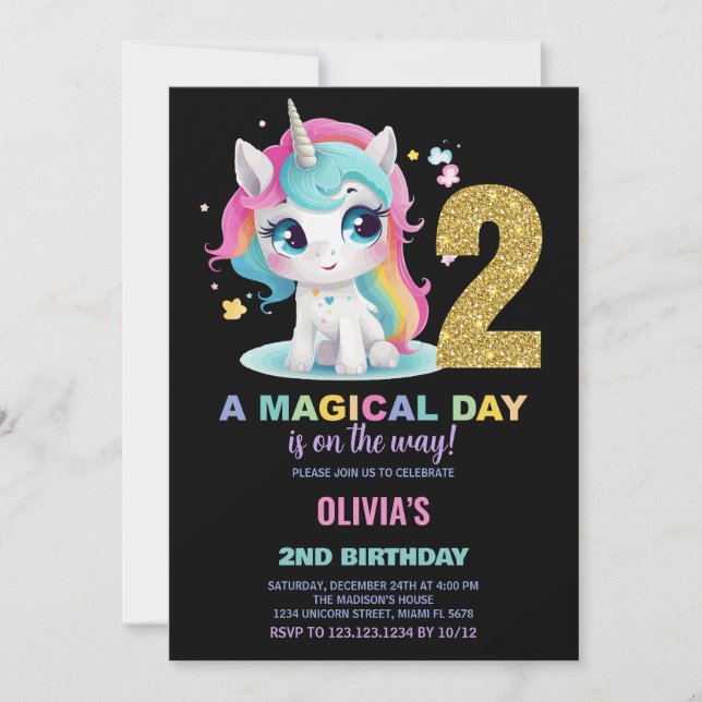 2:a födelsedagsinbjudan till Unicorn Birthday Inbjudningar (Framsida)