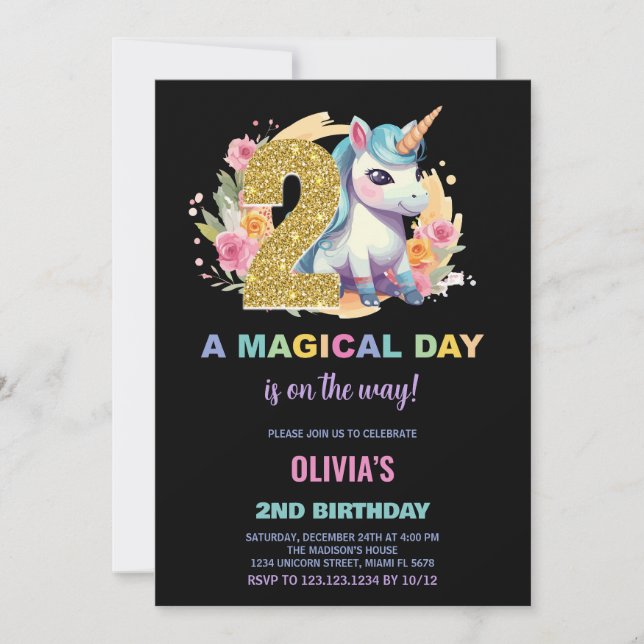 2:a födelsedagsinbjudan till Unicorn Birthday Inbjudningar (Framsida)