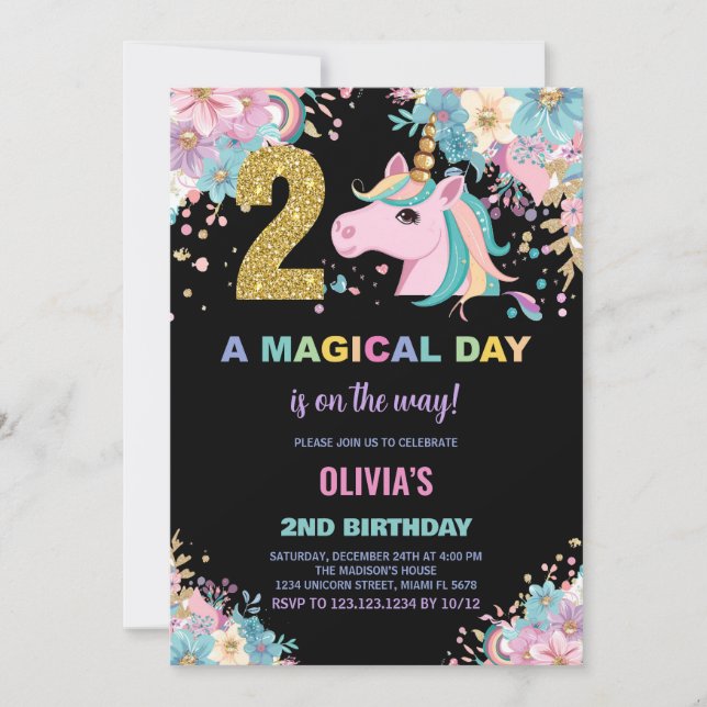 2:a födelsedagsinbjudan till Unicorn Birthday Inbjudningar (Framsida)