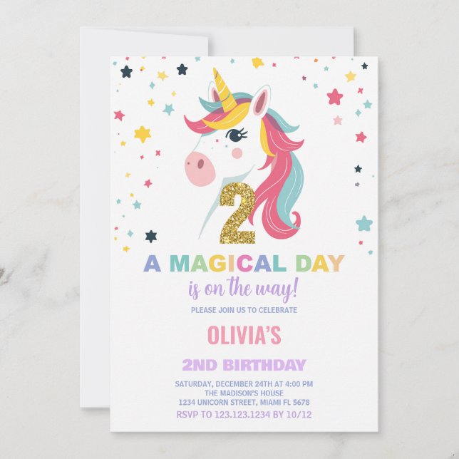 2:a födelsedagsinbjudan till Unicorn Birthday Inbjudningar (Framsida)