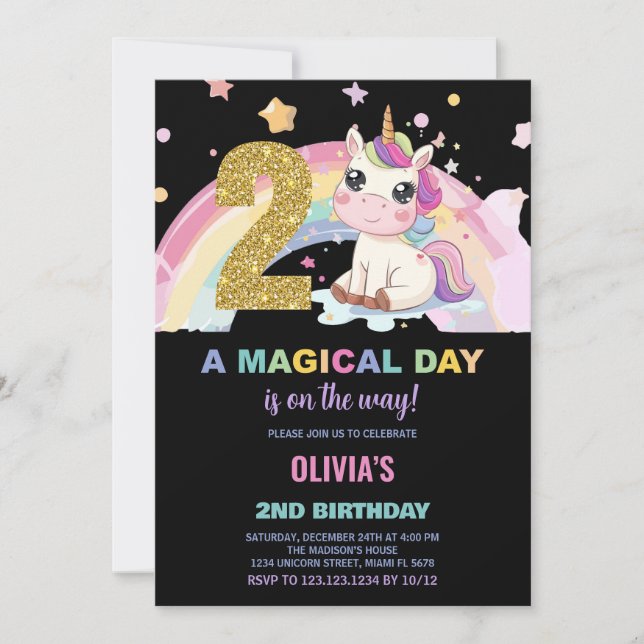 2:a födelsedagsinbjudan till Unicorn Birthday Inbjudningar (Framsida)