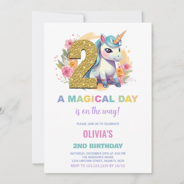2:a födelsedagsinbjudan till Unicorn Birthday Inbjudningar (Framsida)