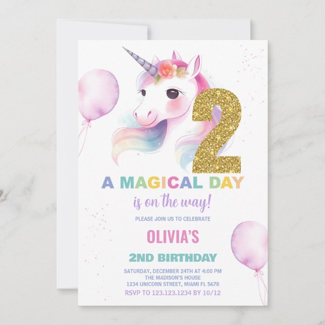 2:a födelsedagsinbjudan till Unicorn Birthday Inbjudningar (Framsida)