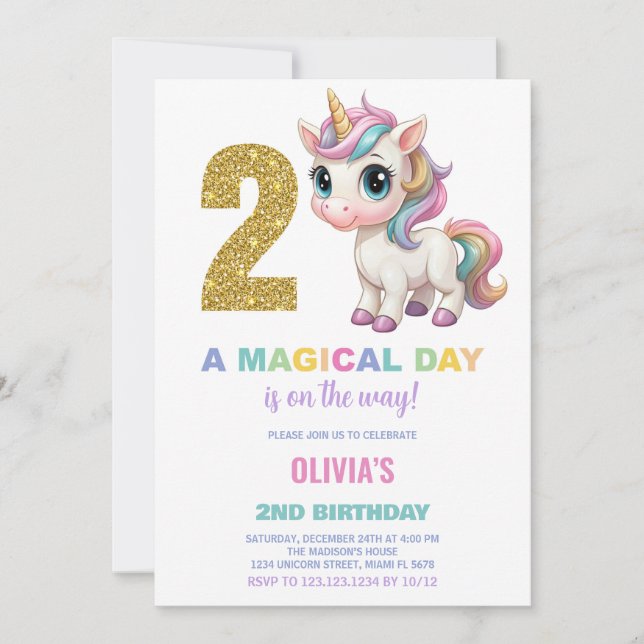 2:a födelsedagsinbjudan till Unicorn Birthday Inbjudningar (Framsida)