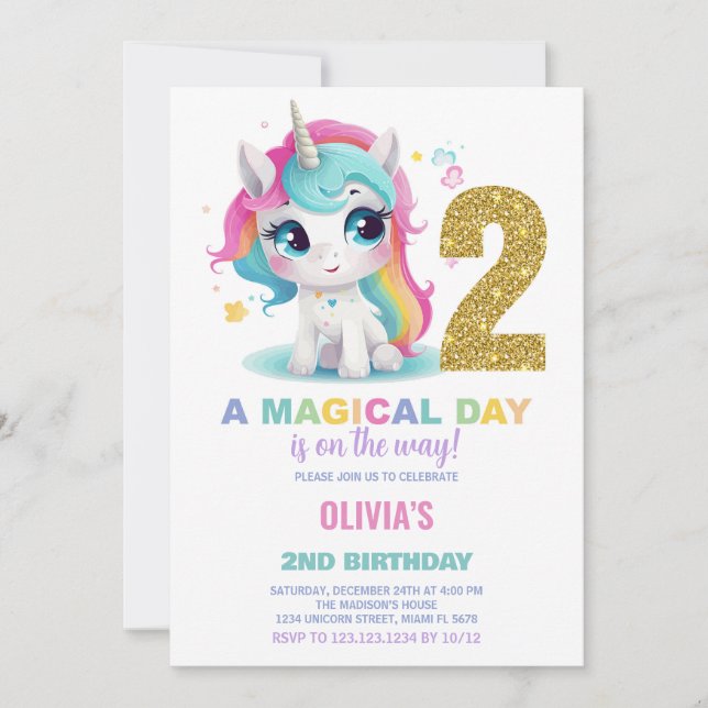 2:a födelsedagsinbjudan till Unicorn Birthday Inbjudningar (Framsida)
