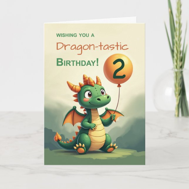 2:a födelsedagstidningen Cute Dragon Holding Ballo Kort (Framsida)