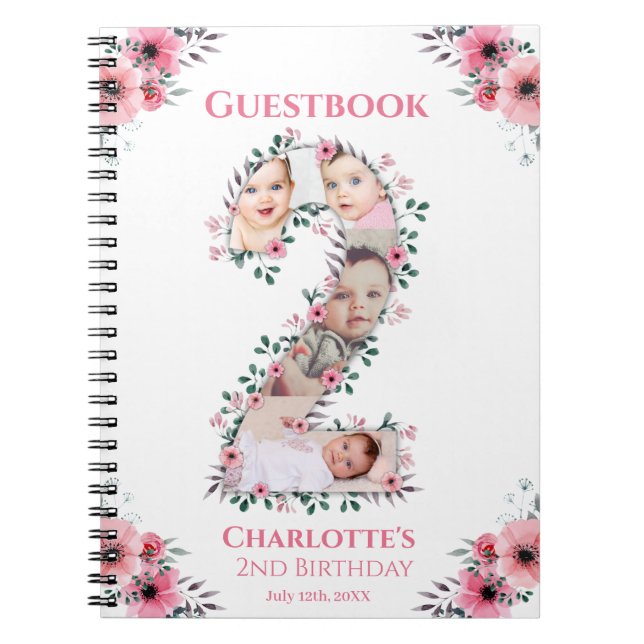 2:a födelsedagstjudet Foto Rosa Flower Guest Bok Anteckningsbok (Framsidan)