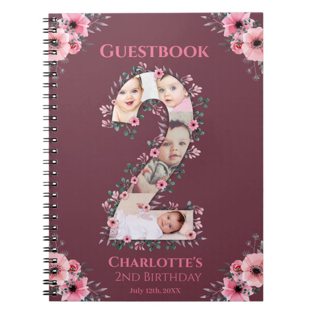 2:a födelsedagstjudet Foto Rosa Flower Guest Bok Anteckningsbok (Framsidan)