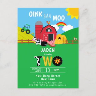 2:a födelsedagstjuret Barn Animals Oink Baa Moo Cu Inbjudan Vykort