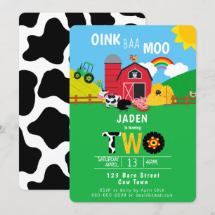2:a födelsedagstjuret Barn Animals Oink Baa Moo Cu Inbjudningar