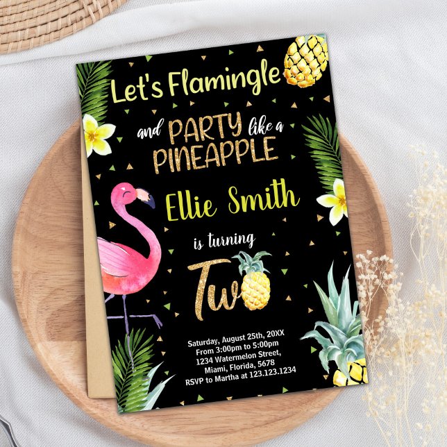 2:a inbjudan till ananas för ananas i svart Glitte (2nd Black Glitter Flamingo Pineapple Invitations)