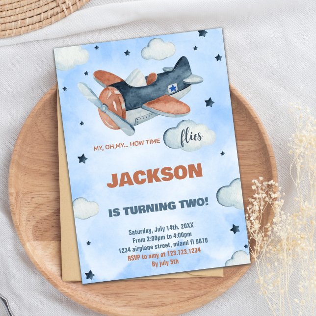 2:a inbjudan till det blå flygplanet på födelsedag (2nd Blue Airplane Birthday Invitations)