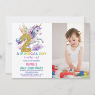 2:a Rainbow Unicorn Birthday-inbjudan med foto Inbjudningar