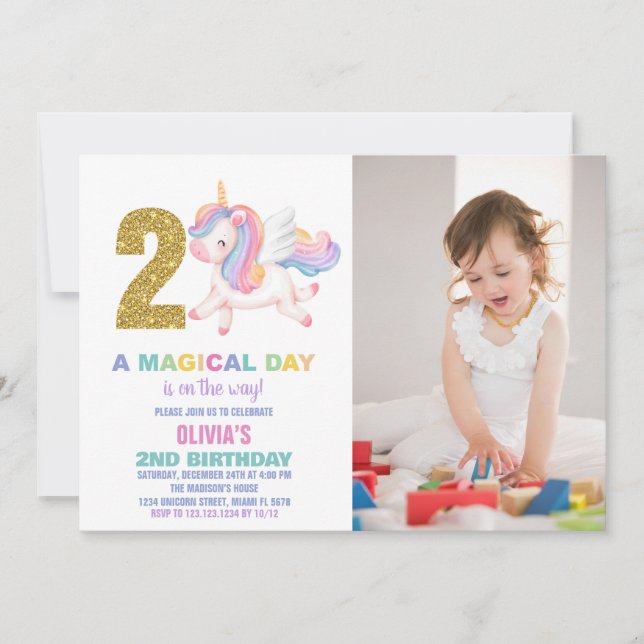 2:a Rainbow Unicorn Birthday-inbjudan med foto Inbjudningar (Framsida)