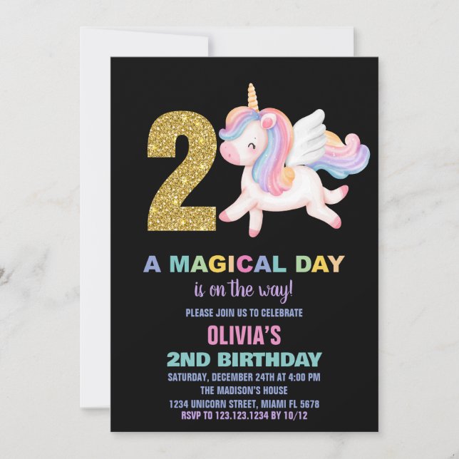2:a Rainbow Unicorn Birthday-inbjudan svart Inbjudningar (Framsida)