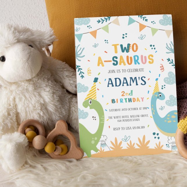 2:a saurus 2:a födelsedagens Grönt och Blue Dinosa Inbjudningar (Skapare uppladdad)