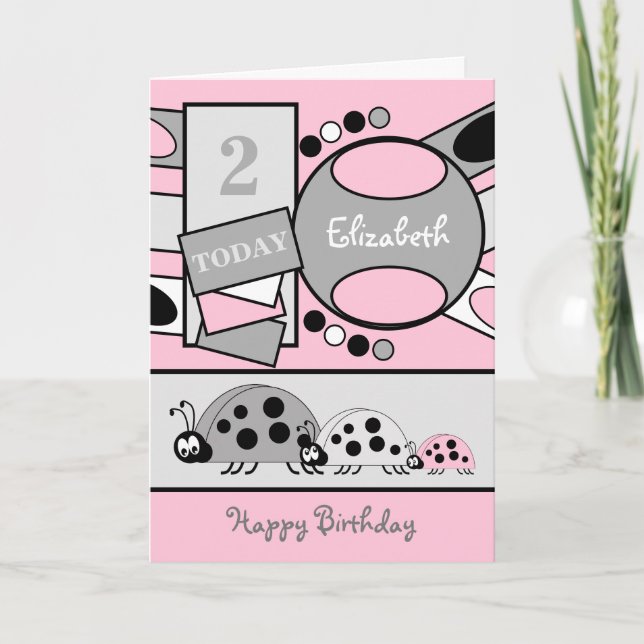 2 år gamla, alla åldrar, rosa, grått födelsedag kort (Framsida)