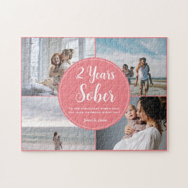 2 år Sober, 4 fotokollage, anpassat namn Pussel (Horisontell)