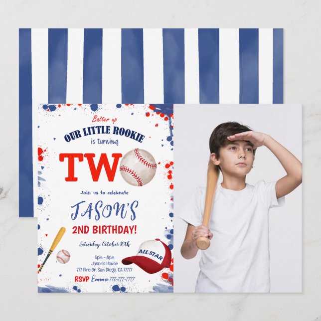 2-års baseball fotofödelsedagsinbjudan inbjudningar (Fram/baksida)