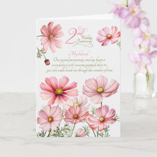 2-års bröllopsdag sentimental rosa Cosmos Kort