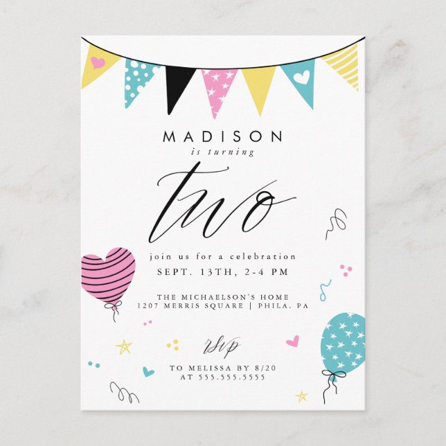 2-ÅRS Födelsedag | Söt doodle födelsedagsfest kort (Framsida)