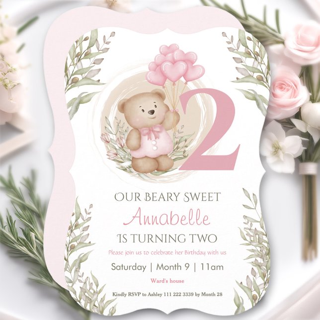 2-års födelsedag Söt teddybjörn Hjärtballonger Ros Inbjudningar (2nd Birthday Cute Teddy Bear Heart Balloons Pink Invitation)
