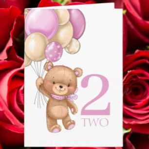 2-års födelsedag söta rosa ballonger flicka teddy kort