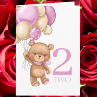 2-års födelsedag söta rosa ballonger flicka teddy  kort