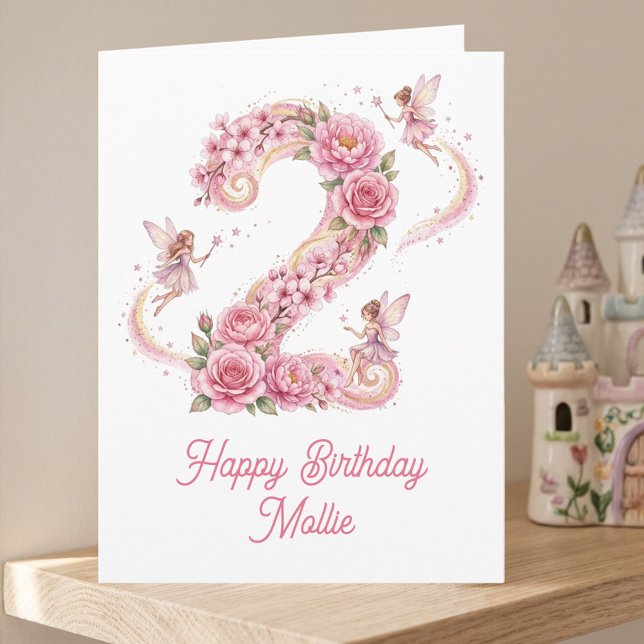 2-års födelsedags fantasifull siffra två älva kort (Fairy 2nd birthday card, pink floral number two with fairies and magic wand dust)