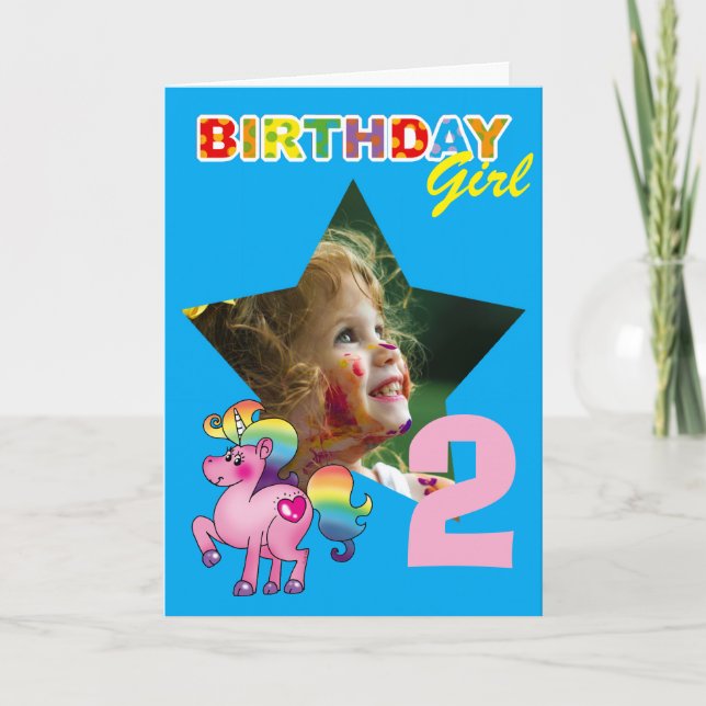 2-års födelsedagsflicka Enhörning Magisk Foto Kort (Framsida)