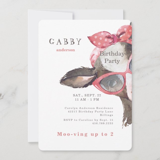 2-års födelsedagsglasögon på rosa ko rosa inbjudningar (Framsida)