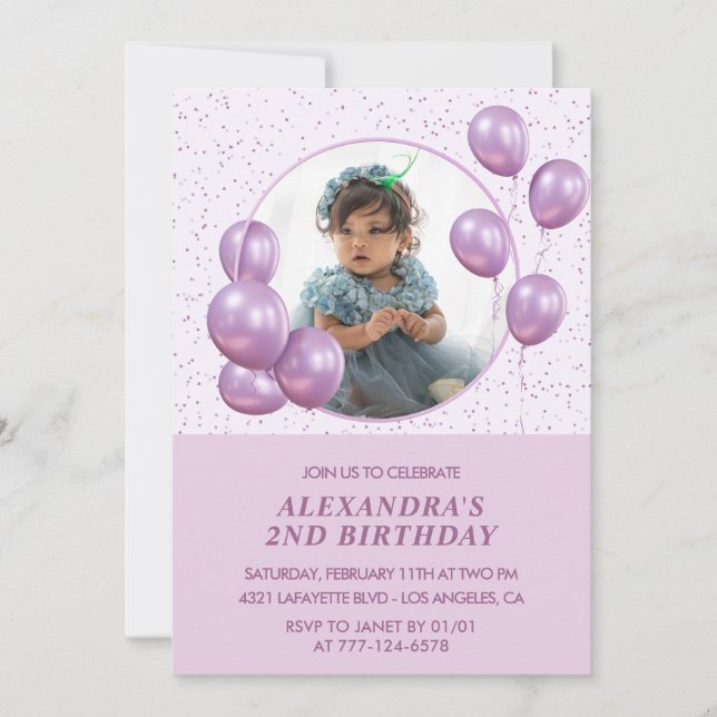 2-års inbjudan Ballonger Foto Lila (Framsida)