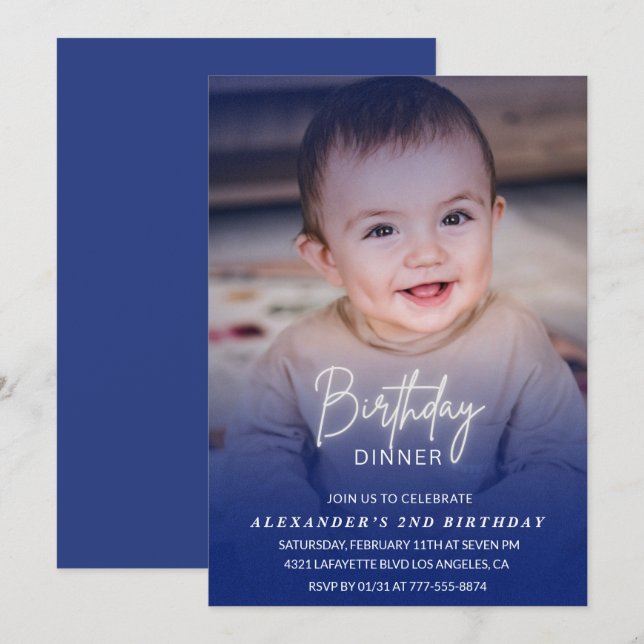 2-års inbjudan Födelsedagsmiddag Foto pojke (Fram/baksida)