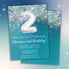 2-års inbjudan Teal Silver Glitter
