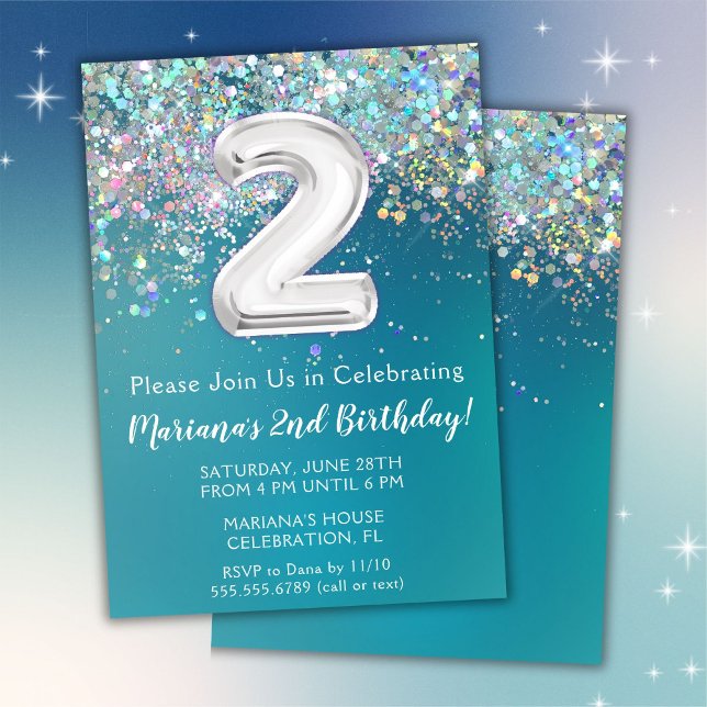 2-års inbjudan Teal Silver Glitter (Skapare uppladdad)