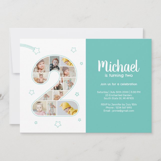 2-års Pojke Nummer 2 Anpassad Fotokollage Inbjudningar (Framsida)