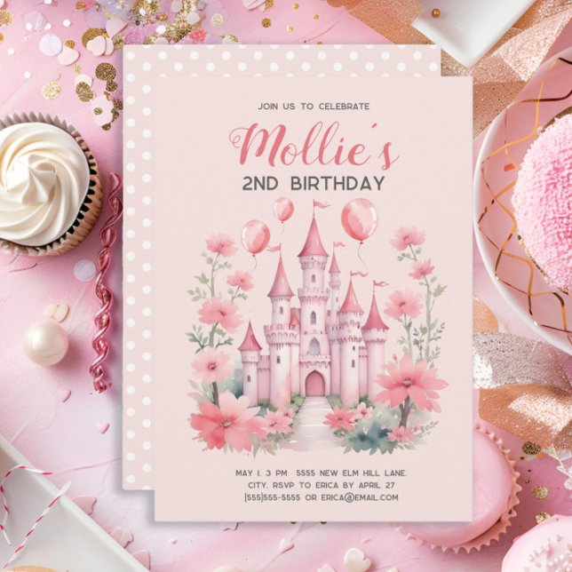 2-årsdag Rosa Prinsesslott Ballonger Inbjudningar (Pink princess castle little girl's 2nd birthday party invitation)