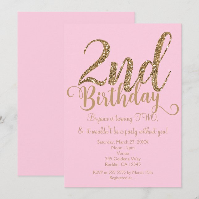 2-årsfirande 2 Rosa & Guld Party TVÅ Inbjudningar (Fram/baksida)