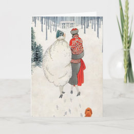 2 Art Deco-kvinnor som går i snö 1923 Högtid Helgkort