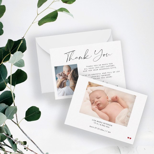 2 babys foton enkel elegant handskriven tack anteckningskort (This is a MINI CARD - Available in bigger sizes)