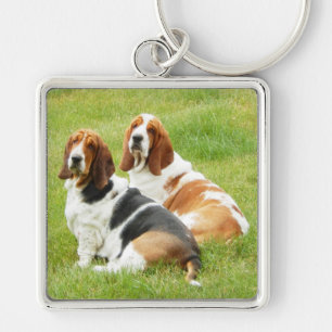 2 Bassethundar på stort högvärdigt kvadrerar Fyrkantig Silverfärgad Nyckelring