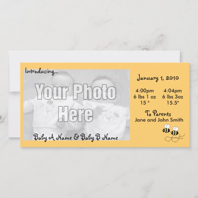 2 Bees Twillingar Foto Birth Notice Meddelande (Framsida)