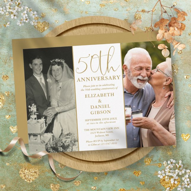 2 Bilder Då Och Nu 50-års Bröllopsjubileum Inbjudningar (2 Photo Then And Now 50th Wedding Anniversary Invitation)