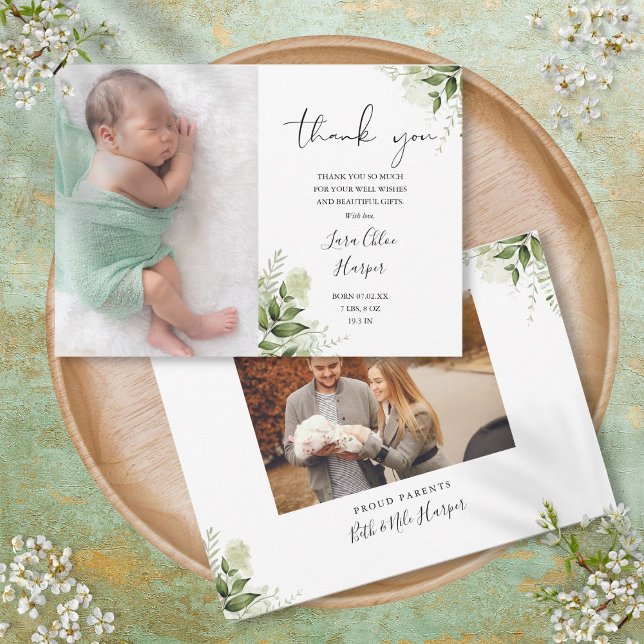 2 Bilder Grönska Blommig Tacksamhet Baby Födelse Meddelande (2 Photos Greenery Floral Thank You Baby Birth Announcement)