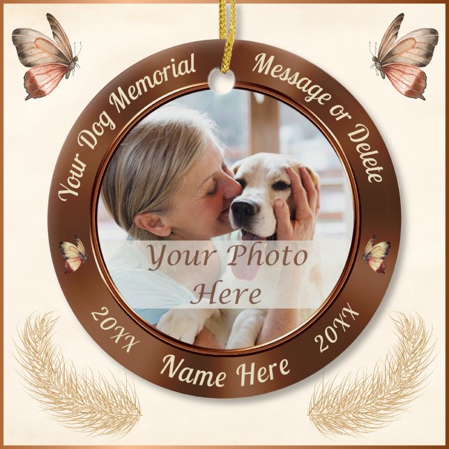 2 bilder, hund minnes- julgran ornament (Dog Photo Memorial Ornament.  Two Photos and Personalized Dog Memorial Ornament. Loss of Dog Gits.)