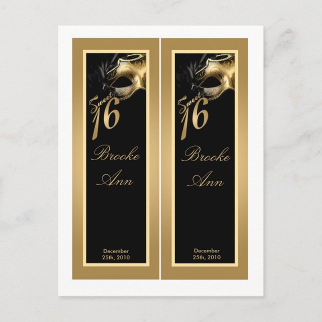 2 Bok Marks Sweet 16 Guld Black Party Inbjudan Vykort (Framsida)
